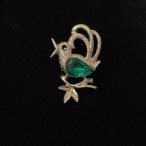 Signed Bird Brooch with Green Gem